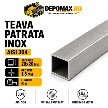 Teava patrata inox AISI 304, 20 x 20 x 1.5 mm, 6 metri